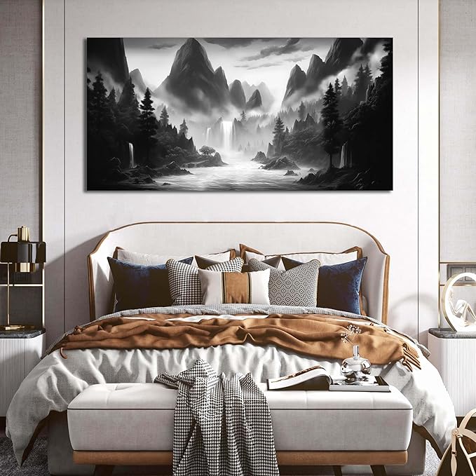 Mountain Pictures for Living Room Black and White Canvas Wall Art for Office Forest Wall Decor for Bedroom Size 29" x 58"