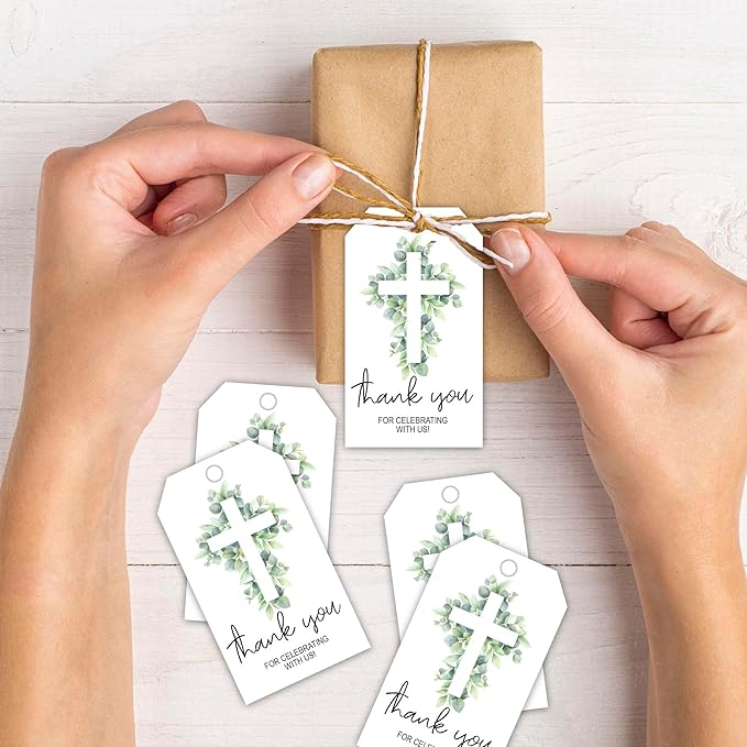 Thank You for Celebrating with Us Tag, 50 Pcs Baptism Lables, 2x3 Inch Baptism Gift Tags with String for Wedding Birthday Baby Shower Bridal Shower, Party Decoration, Cross Eucalyptus-A03