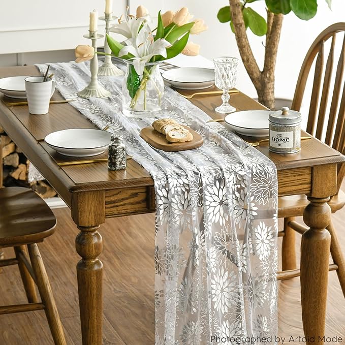 Artoid Mode White Silver Dahlia Flower Gauze Table Runner 120 Inch 10FT, Glitter Metallic Foil Seasonal Sheer Dining Holiday Table Decor for Home Party