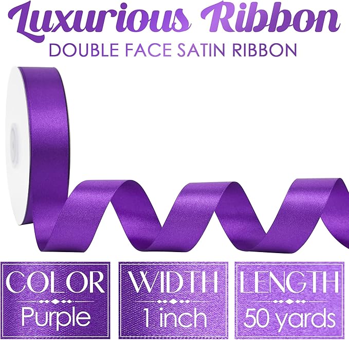 MEEDEE Purple Ribbon 1 Inch Purple Satin Ribbon Lux Double Faced Satin Ribbons by 50 Yards Polyester Wrapping Ribbons for Crafts, Weddings, Flower Bouquet, Holiday Decorating
