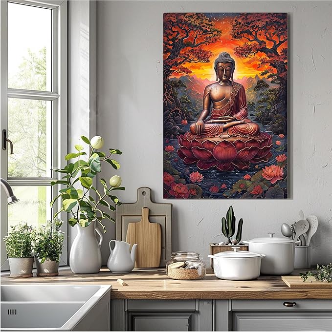 Golden Buddha on lotus seat serene meditation statue amidst lush trees flowing water and sunrise light spiritual home art for a tranquil decor 20x30in Wood Framed