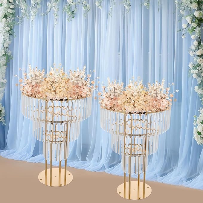 2PCS 3 Tiers Wedding Centerpieces Vase, 28.34” Tall Crystal Wedding Flower Stand, Round Chandelier Pedestal Stand for Wedding Road Lead T Stage Arrangement Decoration