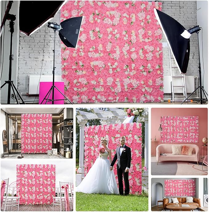 Flower Wall Backdrop 12pcs 16.5x16.5 Inch Artificial Floral Wall Panel 3D Silk Rose Wall Decor Ideal for Wedding Celebrations, Festive Party Backdrops, and Home Decor-Rose Pink