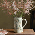 Ceramic Vintage Flower Vase with Handle, Chinoiserie Floral Pitcher Vase for Home Decor, Decorative Vases for Centerpiece Table Decorations, Green and White Vases for Living Room Kitchen Shelf Decor