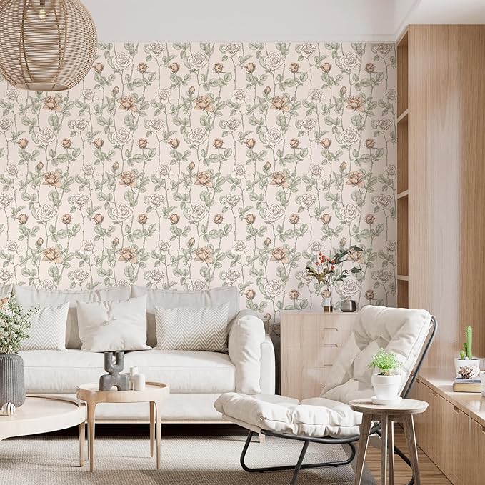 VaryStyle Vintage Beige Floral Wallpaper Elegant Rose Branches Flower Peel and Stick Wallpaper for Bedroom Bathroom 17.7"x118" Self Adhesive Waterproof Vinyl Beige Contact Paper for Cabinets Drawers