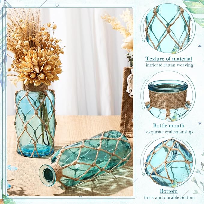 Chuangdi Set of 2 Coastal Glass Vases for Flower Small Flower Vase with Boho Rope Wrapping Beach Decorative Bottle for Coastal Nautical Table Centerpiece Wedding Floral Arrangement Decor(Light Blue)