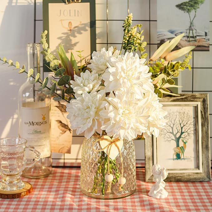 Der Rose Fake Flowers in Vase Silk Artificial White Flowers Arrangements with Glass Vase for Dinning Coffee Table Centerpieces Home Kitchen Farmhouse Wedding Decor