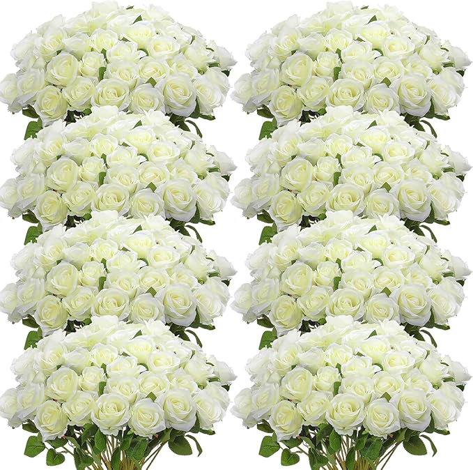 Hotop 120 Pcs Roses Artificial Flowers in Bulk,Long Stem Artificial Flower Bouquet,Silk Real Touch Fake Rose for Wedding Party Table Centerpieces Decor Valentines Gifts(White)