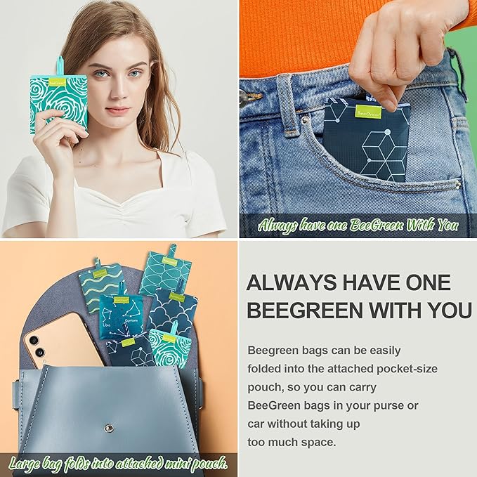 BeeGreen Tote Bags For Women Reusable Gift Bag Travel Grocery Bags Collapsible Foldable Reusable Shopping Bag With Handles Polyester Bulk Cloth Shopping Basket Heavy Duty Washable Geometry
