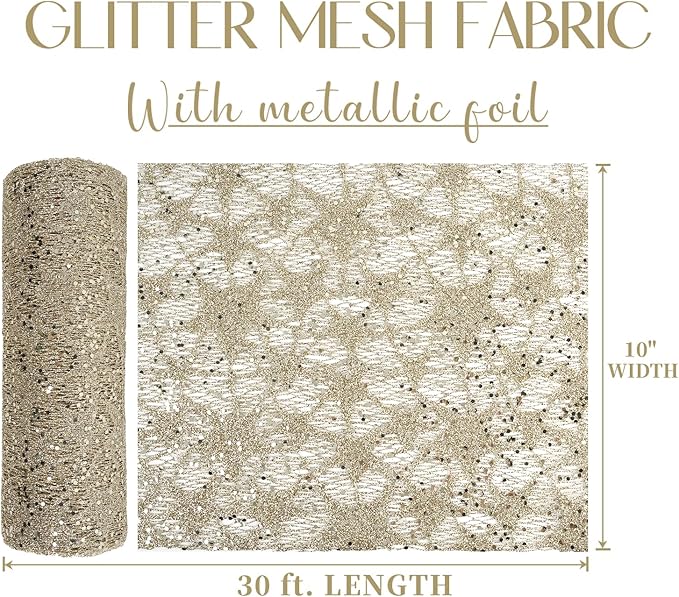 MEEDEE Champagne Gold Glitter Mesh Star Web Ribbon 10 Inch Wide by 10 Yards Roll Champagne Fabric Ribbon Decorative Champagne Mesh Ribbon for Christmas Tree, Garland, Holiday Wreaths, Bows