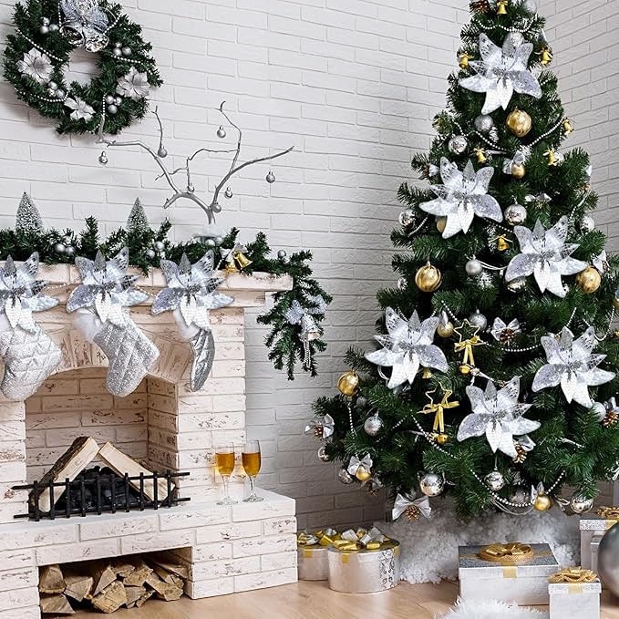 6 Pcs 10.6'' Christmas Large Silver Mirrored Poinsettias with Clips Artificial Glitter Poinsettias Flowers Christmas Tree Ornaments for Xmas New Years Eve Garland DIY Project Winter Wedding Decor