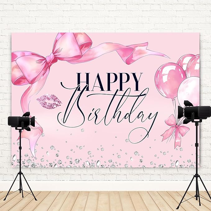 Pink Bow Happy Birthday Backdrop 7Wx5H Photography Bowknot Balloons Coquette Birthday Lips Diamond Balloons Background Woman Bachelorette Party Decorations Banner Photo Booth Props Supplies