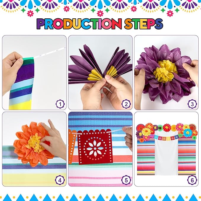 17 Pieces Mexican Party Decorations Set Mexican Paper Flowers Fiesta Ruffled Streamer Backdrop Papel Picado Banner Mexico Party Decorations for Hispanic Heritage Month , Cinco De Mayo Decor