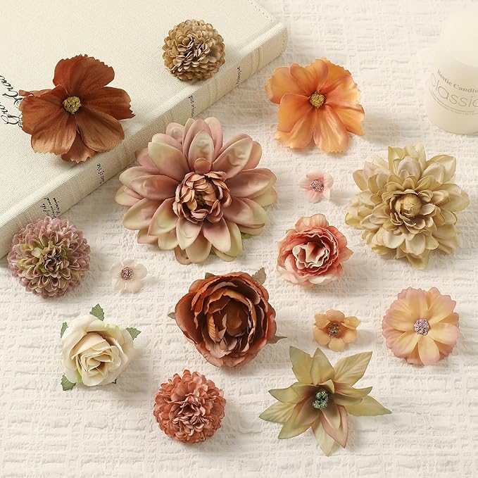 Fake Flower Heads Bulk - Coffee Silk Daisy & Rose Fall Artificial Flower for Crafts, DIY, Graduation Cap, Wedding, Party, Cake Topper, Home Garland Decor