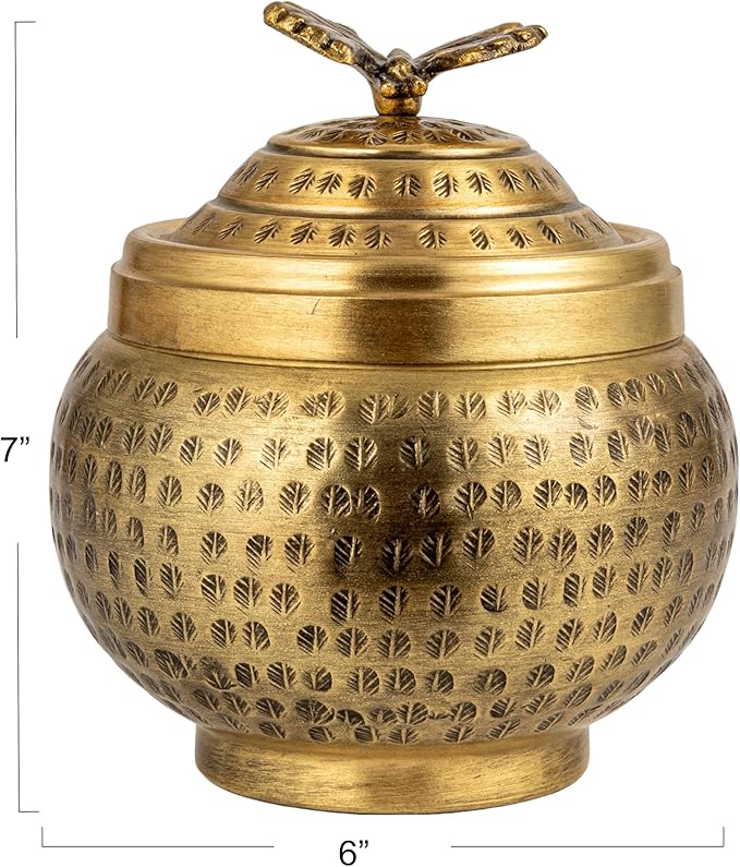 Round Hammered Metal Container with Butterfly Finial, Brass Finish