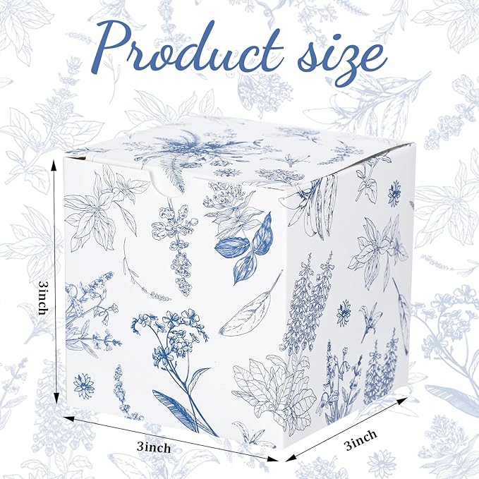 TecUnite 50 Pcs 3x3x3'' Blue Floral Paper Gift Candy Boxes Chinoiserie Flower Paper Gift Box Small Blue White Hydrangea Party Packaging Bag for Wedding Birthday Cardstock Shower Party Supply Decor