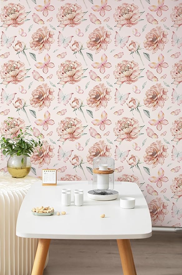 Safiyya Peel and Stick Wallpaper Floral Pink Wallpaper Pink Peony Contact Paper Removable Self Adhesive Wall Paper for Bedroom Bathroom 197''×17.3"