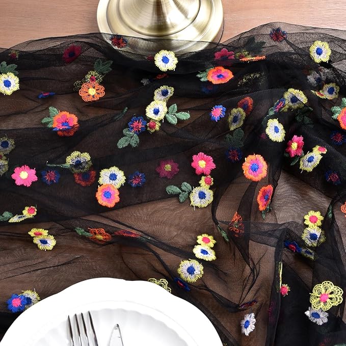 Joanlody Black Embroidery Daisy Christmas Table Runner 10ft Florals Seasonal Tulle Table Runner Holiday Kitchen Dining Table Decoration for Home Party Indoor
