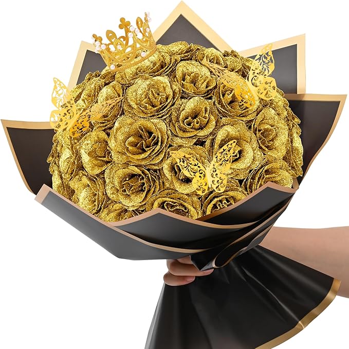 Waipfaru Glitter Roses Bouquet, DIY Fake Flowers Bouquet, Birthday Gifts for Women Mom, 36 Pcs Gold Rose for Grandma Wife Girlfriend Valentines, Mothers Day, Anniversary, Graduation