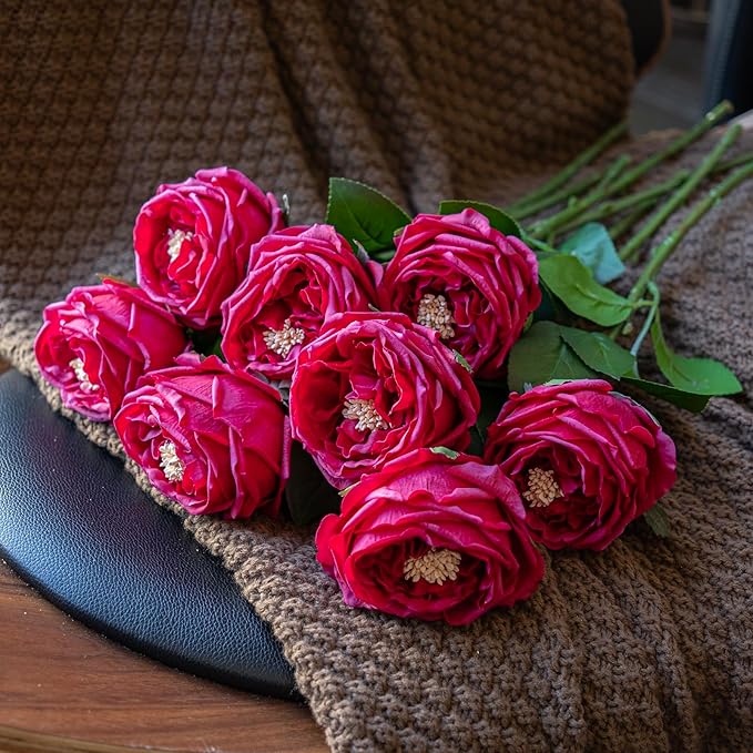 Fake Flowers for Decoration Home Decor Real Touch Artificial Flowers Austin Rose Peony Latex Fake Flower Living Room Decoration Vivid Pink Roses Peonies (Red 4pcs)