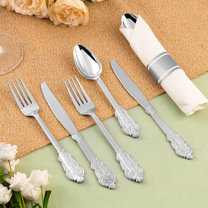 300PCS Silver Plastic Silverware for 100 Guests, Heavy Duty Silver Disposable Utensils Sets, Includes 100 Forks, 100 Spoons, 100 Knives, Elegant Cutlery Perfect for Wedding or Party
