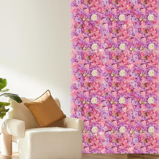 3D Flower Wall Backdrop - 12-Panel Set with Pink & Purple Roses for Home, Wedding, Party (15x15 inch)