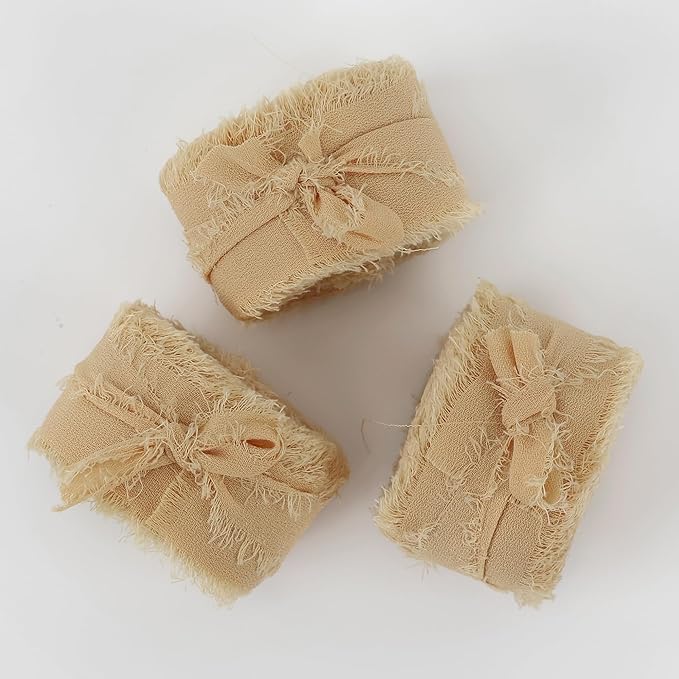 MEEDEE Beige Chiffon Ribbon 1 Inch Fringe Ribbons Cream Chiffon Silk Frayed Edge Ribbon Thin Chiffon Ribbons for Crafts, Gift Wrapping, Wedding Invitation (3 Rolls 21 Yards)
