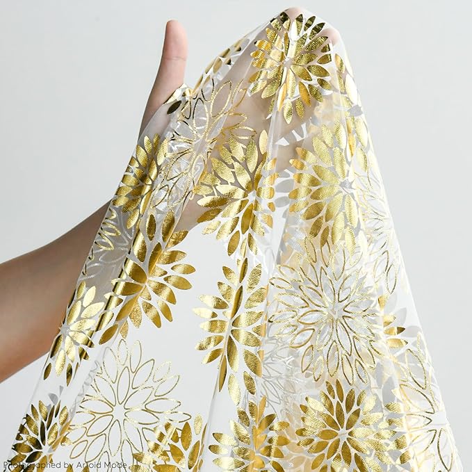 Artoid Mode 3PCS Beige Gold Dahlia Flower Gauze Table Runner 120 Inch 10FT, Glitter Metallic Foil Seasonal Sheer Dining Holiday Table Decor for Home Party