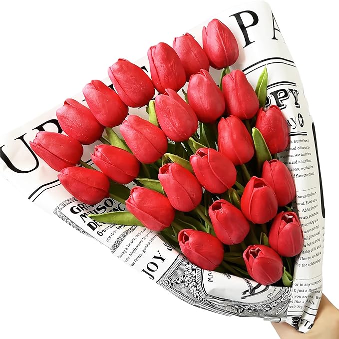 UKELER Tulips Artificial Flowers Bulk 24 Pcs DIY Wreath Real Touch Artificial Tulip Flowers for Home Kitchen Wedding Birthday Party Decorations, Orange&Yellow