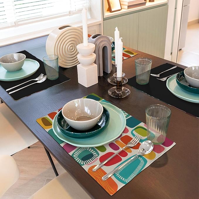 Mid Century Colorful Modern Placemats Set of 4,Kitchen Table Mats for Dining Outdoor Home Decor 12x18 Retro Place Mats 4 PCS, Style-15