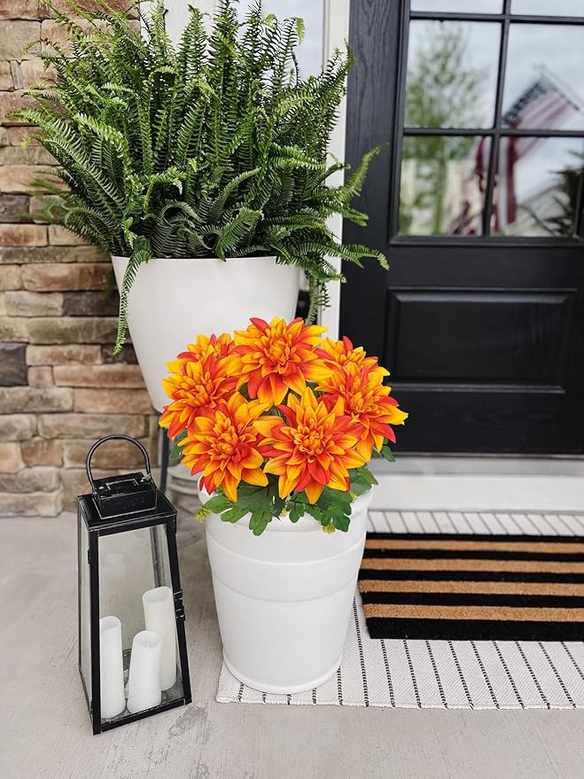 Hollyone Orange Artificial Dahlia Flowers Bush Fake Fall Flowers Artificial for Decoration Outdoor Indoor 7 Heads Silk Faux Dahlias Flower Bouquets Arrangements Centerpieces Fall Decorations for Home