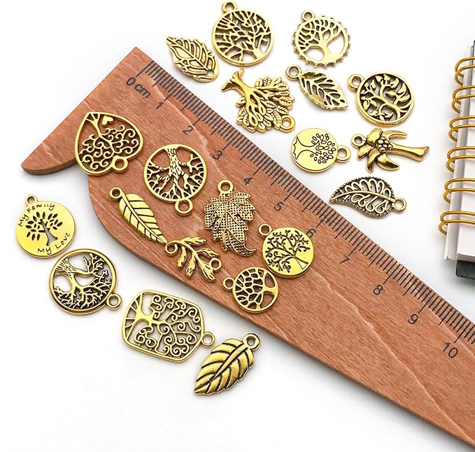 WOCRAFT 60pcs Antique Gold Tree Leaf Charms Bracelet Charms for Jewelry Making Sets DIY Necklace Bracelet Keychain Crafting Charms Kit Craft Supplies (SN888)