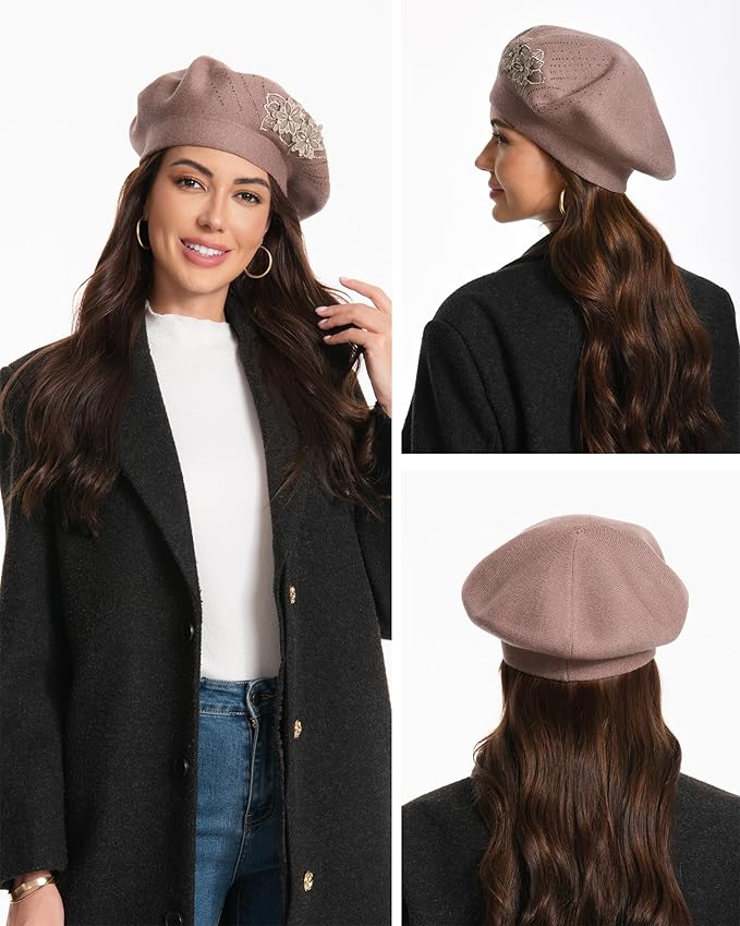 Flower Embroidery Beret Hat for Women, French Style Knitted Beret Hats, Stylish Solid Color Beret Cap for Women Girls Lady