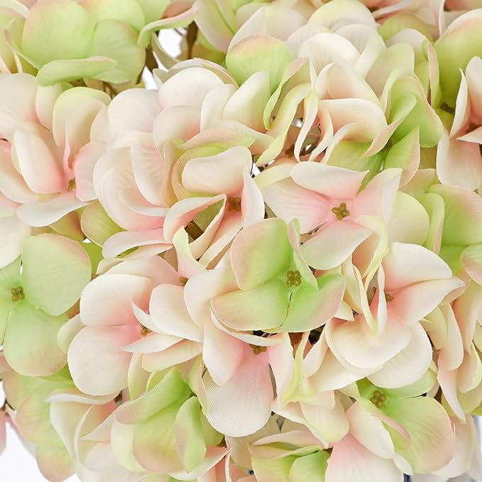 Hollyone Pink Green Silk Hydrangea Artificial Flowers Heads 7.4inch Large Fake Hydrangea 4Pcs Full Faux Flowers with Stems for Wedding Party Table Centerpieces Flower Arrangement Home Decor