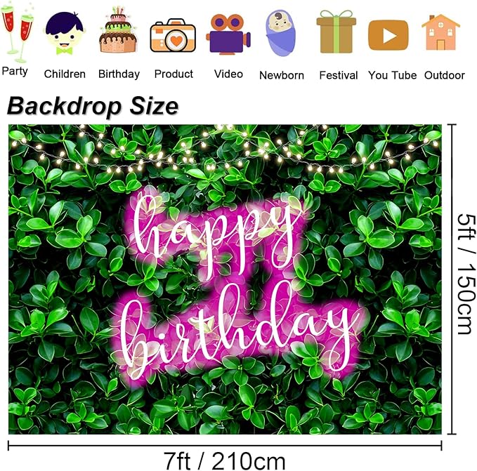 7x5ft Green Leaves Happy Birthday Decoration for Women Shiny Pink Neon Sign Party Backdrop Banner for Girl Princess 20th 30th 40th 50th Birthday Background Photo Booth Props