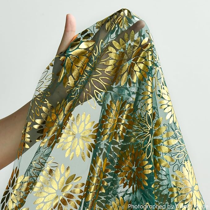 Artoid Mode Green Gold Dahlia Flower Gauze Table Runner 120 Inch 10FT, Glitter Metallic Foil Seasonal Sheer Dining Holiday Table Decor for Home Party