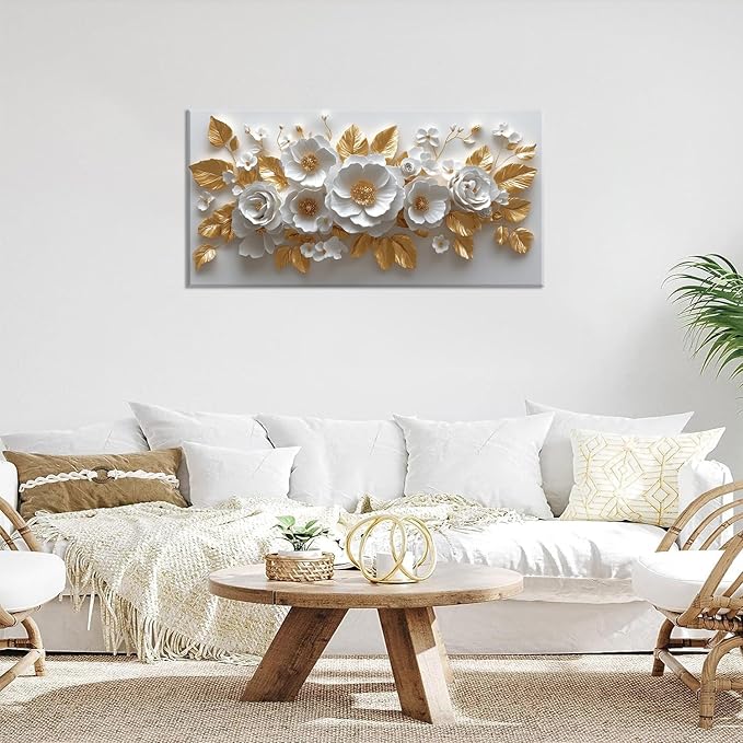 IDAFU Flower Wall Art White Foral and Golden Leaves Wall-décor White Wall Art Floral Painting Pictures for Living Room Bathroom Bedroom Kitchen Office Cuadros Decorativos Para Sala Decor 58L x28W