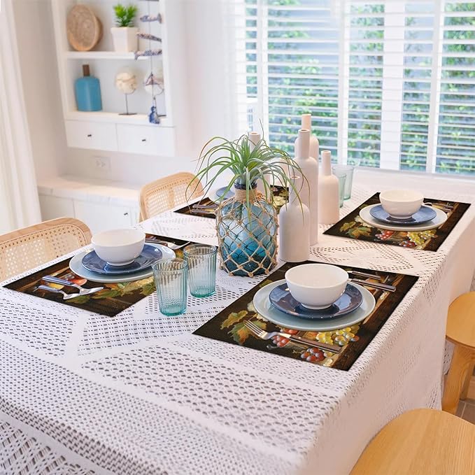 Grape Placemats, Place Mats Set of 4, Heat Resistant Place Mats, Washable Table Mats for Dining Table, Non-Slip Stain Resistant Kitchen Table Placemats, Floral Vintage Fruit Rustic