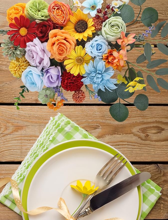 Multi Use Rainbow Colorful Artificial Flowers Combo, Fake Roses Silk Sunflower with Stems for DIY Bridal Wedding Bouquets Baby Shower Floral Arrangements Centerpiece Party Home Decorations (Rainbow2)