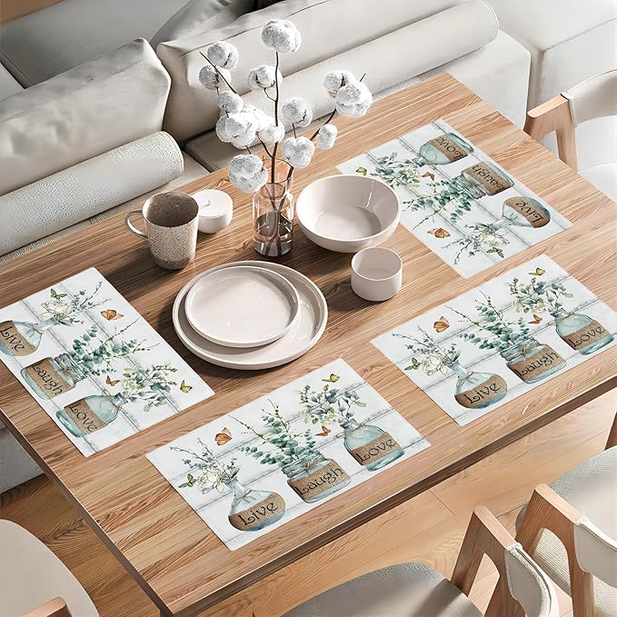 Eucalyptus Placemats Set of 4 Farmhouse Green Botanical Table Mats Washable Place mats for Home Party Indoor Kitchen Dining Table Decoration 12x18 Inch