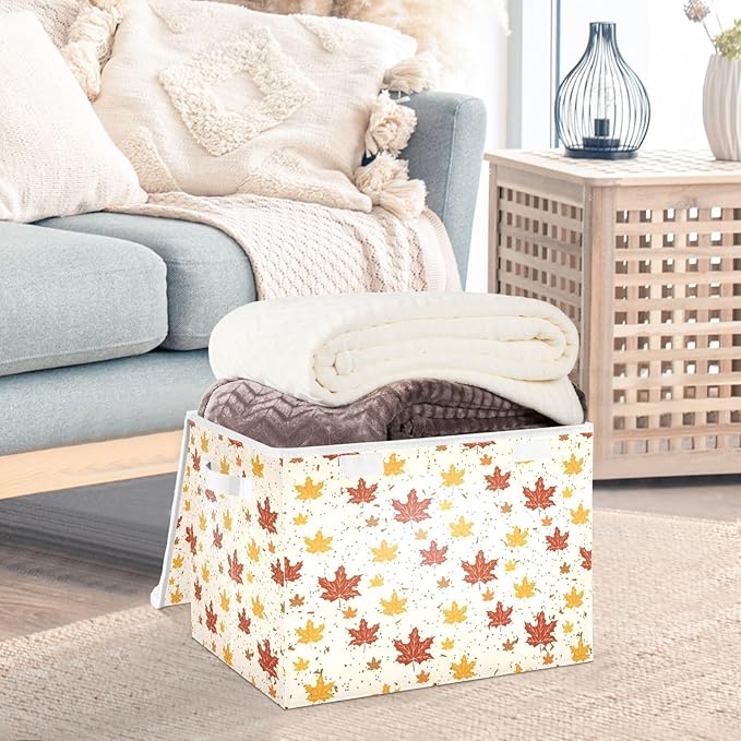 Thanksgiving Baskets Collapsible Storage Bins with Lids, Autumn Leaves Thanksgiving Storage Boxes Clothes Baskets for Organizing