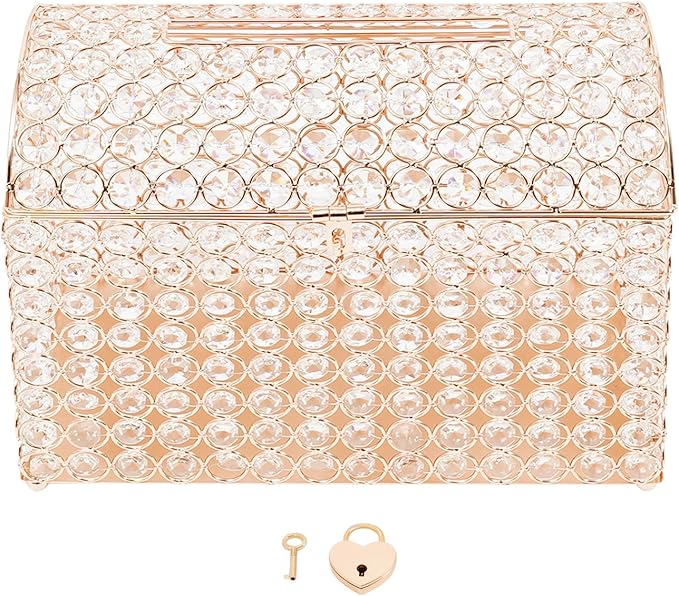 Crystal Wedding Card Box With Heart Lock, Gold Crystal Treasure Chest Money Card Gift Decorative Memory Box for Wedding Birthday Graduation Party