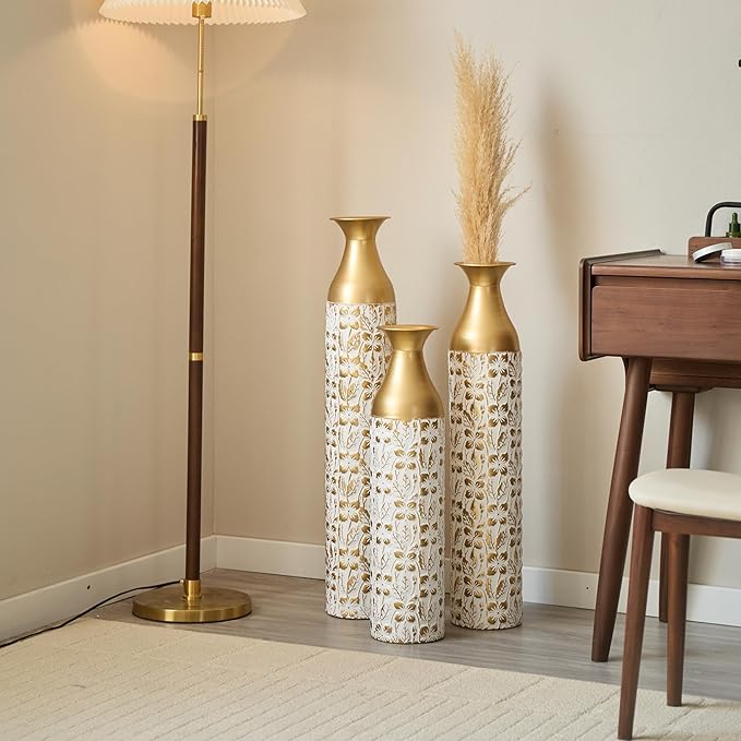 Gilded White 3D Relief Flower Metal Vase Set of 3, Elegant Tall Cylinder Vases for Home Decoration, Modern Gold & White Decorative Floor Vases for Living Room or Entryway