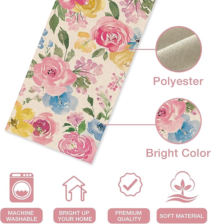 Seliem Spring Summer Watercolor Flower Table Runner, Peony Floral Kitchen Dining Table Decor, Seasonal Burlap Home Decoration Indoor Outdoor Party Supply 13 x 90 Inches