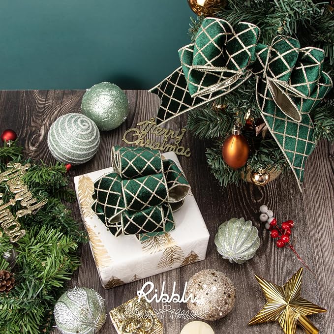 Ribbli Forest Green Velvet Ribbon Wired with Glitter Diamond Grid 2-1/2 Inch Christmas Ribbon for Christmas Tree Decoration Big Bow Gift Wrapping Crafts Wreaths Garland Supplies - 10 Yards