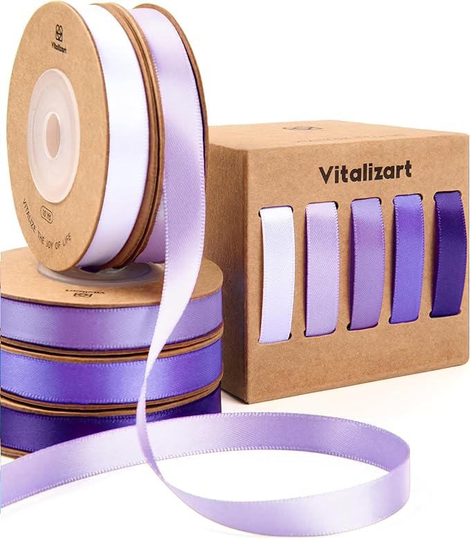 Vitalizart Purple Ribbons for Crafts 3/8" x 50 Yd Lavender Satin Ribbon Double Face Gift Wrapping Silk Like Fabric Flower Bouquet Birthday Party Decorations Bridal Shower Wreath Hair Continuous