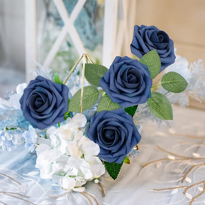 Mocoosy 50Pcs Roses Artificial Flowers, Navy Blue Fake Roses for Decorations, Real Touch Foam Rose Bulk with Stems DIY Wedding Bouquets Bridal Shower Centerpieces Floral Arrangements Party Home Decor