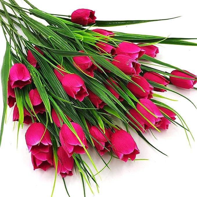 8 Bundles Outdoor Artificial Tulips Fake Flowers UV Resistant Faux Plastic Greenery Shrubs Plants for Home Outside Garden Porch Window Farmhouse Decor (Rose Red)