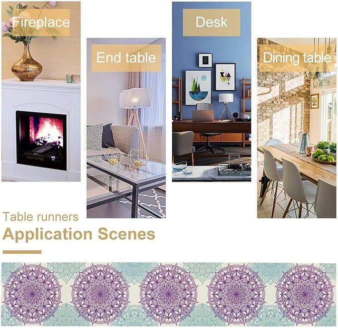 Boho Mandala Table Runner, Purple Blue Bohemian Floral Table Decor Runner for Kitchen Dining Indoor Outdoor Party Decoration, 13x60 Inch