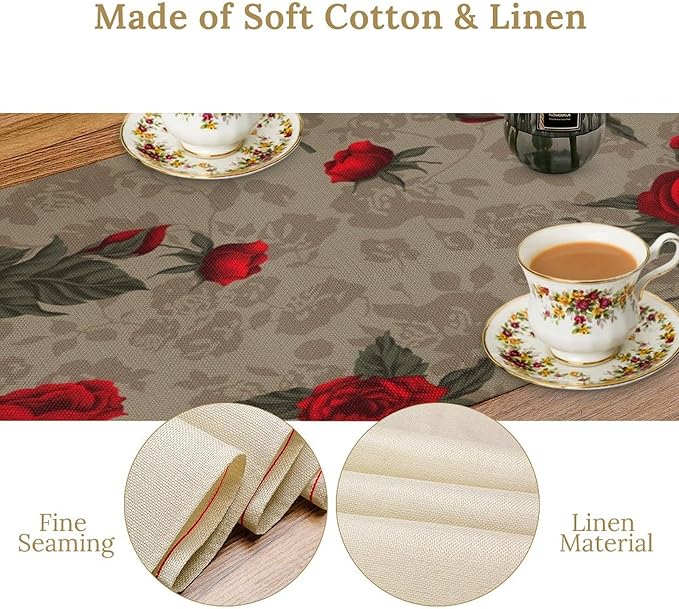 Red Rose Print Table Runner, Romantic Vintage Rose Spring Summer Dinner Runner Table Decoration for Home Kitchen Dining Holiday Wedding Party 13x120in